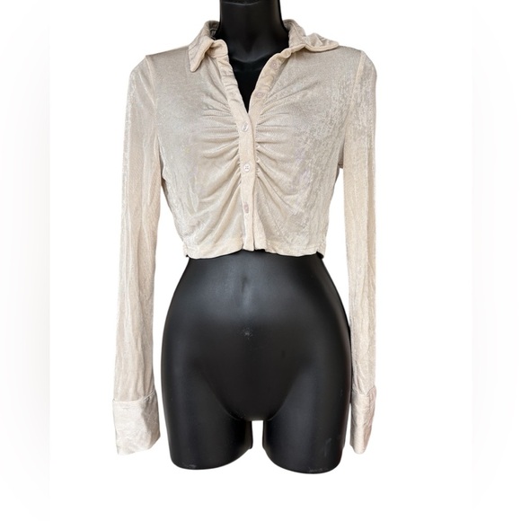 Beige botany women’s sheer long sleeve button down beige cream top size small - Picture 2 of 7